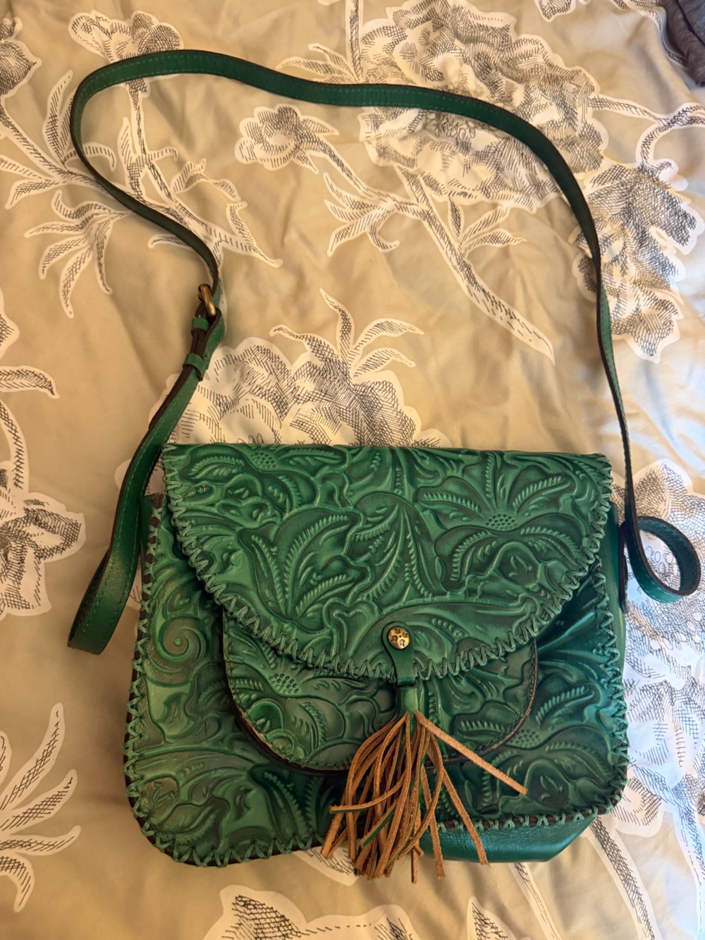 Patricia Nash Green Tooled Leather Crossbody Bag Tassel Whipstitch Boho